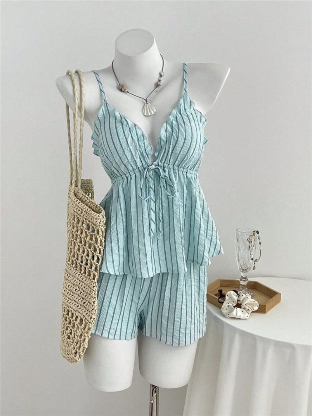 Tie Front Striped Cami and Shorts Set